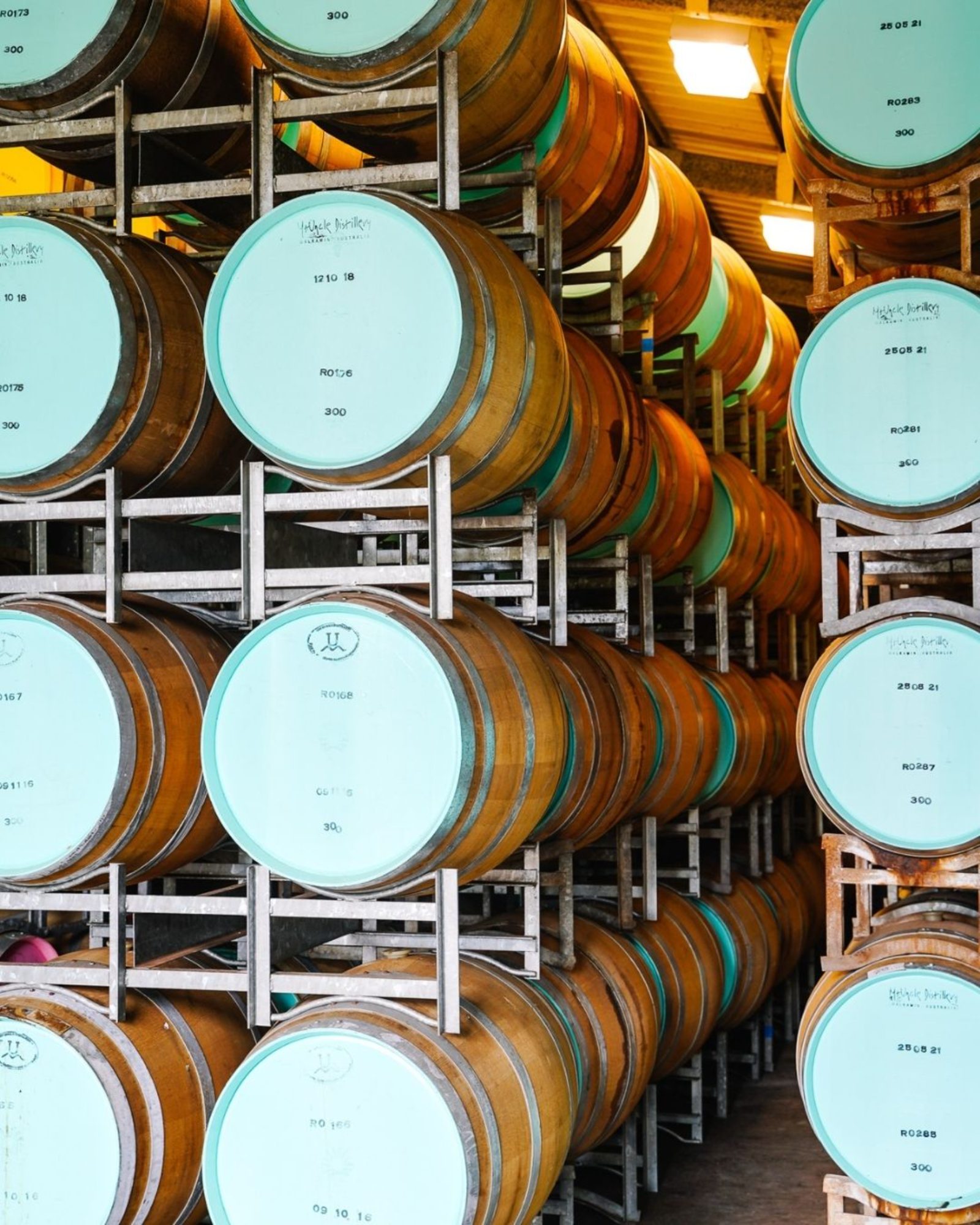 Casks racked in the barrel room at Walkamin